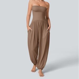 Ribbed Tube Backless Side Pocket Casual Jumpsuit